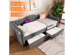 Merax Gestoffeerd bed 90 x 200 cm met USB Type C opladen en 2 lades, slaapbank - Linnen stof - Grijs