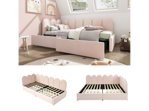 Merax Gestoffeerd bed 90 x 190 cm met 2 lades en hoofdeinde - Fluweel - Slaapbank - Roze (zonder matras)