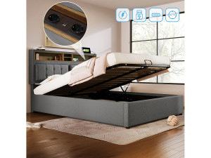 Merax Opbergbed 140 x 200 cm met opberghoofdeinde - USB & C-aansluiting - linnen stof - grijs
