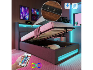 Merax Opbergbed 90 x 200 cm met opberghoofdeinde - USB-aansluiting en LED's - linnenstof - grijs