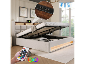 Merax Opbergbed 180 x 200 cm met opberghoofdeinde - USB-aansluiting en LED's - Linnenstof - Beige - Zonder matras