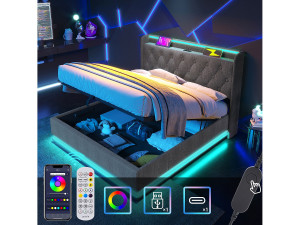 Merax Opbergbed 180 x 200 cm met opberghoofdeinde - USB- en LED-aansluitingen - Linnenstof - Knooppatroon - Grijs (zonder matras)