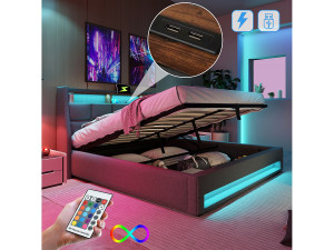 Merax Opbergbed 160 x 200 cm met opberghoofdeinde - USB-aansluiting en LED's - Linnenstof - Grijs - Zonder matras