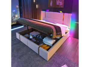 Merax Opbergbed 180 x 200 cm met hoofdeinde - USB- en Type-C-aansluitingen - LED's - Linnenstof - Beige (zonder matras)