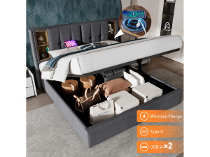Merax Opbergbed 140 x 200 cm met opberghoofdeinde - USB- en Type C-aansluitingen - Katoenen stof - Grijze kleur