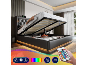 Merax Opbergbed 140 x 200 cm met hoofdeinde - USB- en Type-C-aansluitingen - LED's - PU-leer - Zwart (zonder matras)