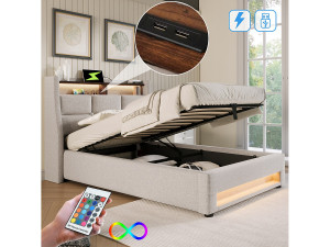Merax Opbergbed 90 x 200 cm met opberghoofdeinde - USB-aansluiting en LED's - linnenstof - beige