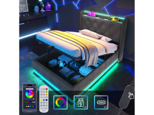 Merax Opbergbed 90 x 200 cm met opberghoofdeinde - USB- en LED-aansluitingen - Linnenstof - Knooppatroon - Grijs (zonder matras)
