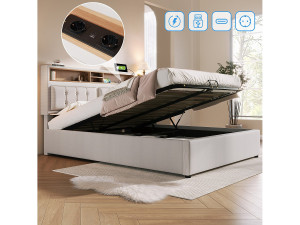 Merax Opbergbed 140 x 200 cm met opberghoofdeinde - USB & C-aansluiting - linnen stof - beige