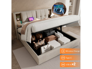 Merax Opbergbed 180 x 200 cm met opberghoofdeinde - USB- en Type C-aansluitingen - Linnenstof - Natuurlijke kleur