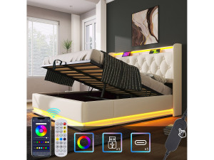 Merax Opbergbed 160 x 200 cm met opberghoofdbord - USB- en LED-aansluitingen - PU-leer - Knopenpatroon - Wit (zonder matras)