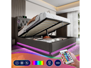 Merax Opbergbed 160 x 200 cm met hoofdeinde - USB- en Type-C-aansluitingen - LED's - Katoenstof - Grijs (zonder matras)
