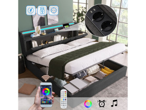 Merax Opbergbed 160 x 200 cm met opberghoofdeinde - USB-aansluitingen en LED-verlichting - Linnenstof - Grijs