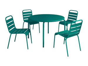 Vente-unique Metalen tuinset met een tafel van Ø110 cm en 4 stapelbare stoelen - Groenblauw - MIRMANDE van MYLIA