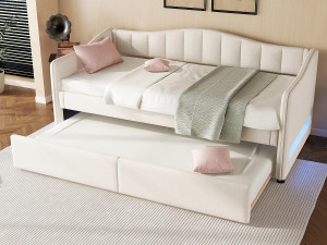 ModernLuxe 90x200cm bedbank met LED + 90x190cm onderschuifbed - bekleed met linnenstof - Beige (matras niet inbegrepen)
