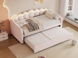 ModernLuxe 90x200cm bedbank met LED + 90x190cm onderschuifbed - bekleed met fluwelen stof - Roze (matras niet inbegrepen)