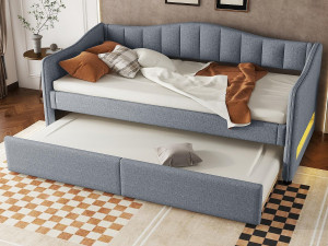 ModernLuxe 90x200cm bedbank met LED + 90x190cm onderschuifbed - bekleed met linnenstof - Grijs (matras niet inbegrepen)