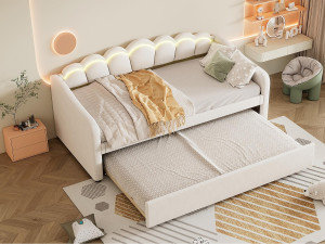 ModernLuxe 90x200cm bedbank met LED + 90x190cm onderschuifbed - bekleed met fluwelen stof - Beige (matras niet inbegrepen)