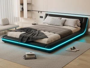 ModernLuxe Cama adulto 140x200cm com LED - Pele PU - Preto