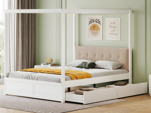 ModernLuxe Hemelbed van hout 140x200cm - met gestoffeerd hoofdbord en 2 lades - Wit