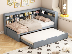 ModernLuxe Houten slaapbank 90x200cm - met onderschuifbed 90x190cm en USB-aansluiting - 10 vakken - Grijs