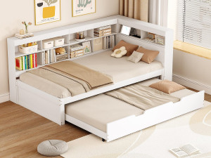 ModernLuxe Houten slaapbank 90x200cm - met onderschuifbed 90x190cm en USB-aansluiting - 10 vakken - Wit