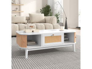 Salontafel in cottagestijl 110x55x38,5 cm - Salontafel met rotanladen en schuifdeuren met massief houten latten Massief houten poten - Wit