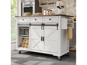 Merax Ilha de cozinha móvel central com 2 portas de correr e 3 gavetas - tampo extensível - 140 x 45/73 x 92,5 cm - Madeira MDF + metal - Branco +