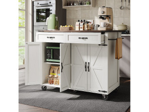 Merax Mobiel centraal keukeneiland met 4 deuren en 2 lades - uitschuifbaar blad - 140 x 45/73 x 93 cm - MDF hout + metaal - Wit + naturel