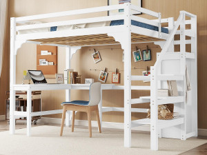ModernLuxe Houten tussenbed 140x200cm - met bureau, kledingkast en lattenbodem - Wit