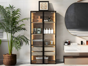 ModernLuxe Vitrine、Badkamermeubel met LED - 2 grote laden en 2 glazen deuren - Naturel