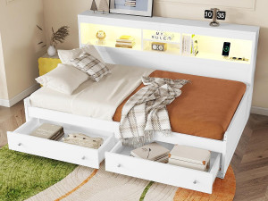 ModernLuxe Dagbedbed 90x200cm - met USB-aansluiting & 2 lades - lattenbodem - Wit