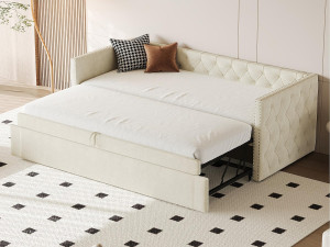 ModernLuxe Fluweel gestoffeerd onderschuifbed - 90/180x200 cm - met lattenbodem - Beige