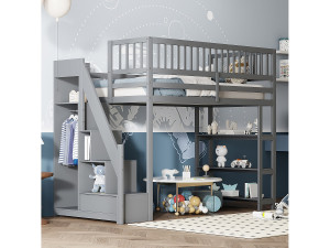 Hoogslaper 90x200cm, stapelbed met kledingkast, planken en opbergruimte met planken en opbergruimte, bovenste anti-valrooster, grijs