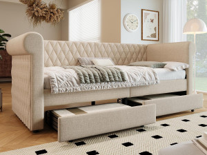 ModernLuxe Dagbed met 2 lades in linnenstof - 90x200cm - met lattenbodem - Beige