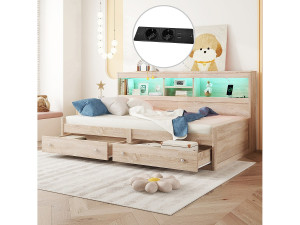 Merax Bed 90 x 200 cm met 2 lades, opbergplanken en 2 USB-aansluitingen - Spaanplaat - LED's - Naturel (zonder matras)