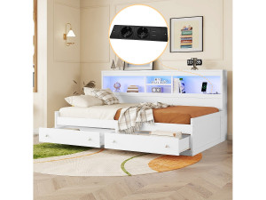 Merax Bed van 90 x 200 cm met 2 laden, opbergplanken en 2 USB-aansluitingen - Spaanplaat - LED's - Wit (zonder matras)