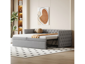 Merax Onderschuifbed 90/180 x 200 cm met hoofdeinde - Zacht fluweel - lattenbodem - lichtgrijs (zonder matras)