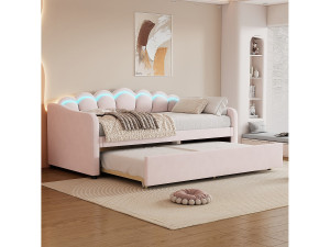 Merax Uitschuifbed 90 x 200 cm + bed 90 x 190 cm, slaapbank - fluweel - LED-verlichting - roze kleur (zonder matras)