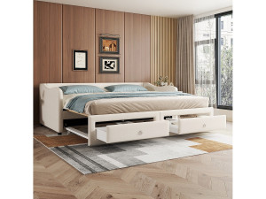 Merax Onderschuifbed 90/180 x 200 cm met 2 lades - linnenstof - beige (zonder matras)
