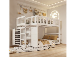 Merax Stapelbedden 2 x 140 x 200 cm met 4 lades en trap - grenenhout + MDF - wit (zonder matras)