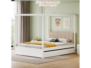Merax Hemelbed 140 x 200 cm met 2 grote lades en zachte rugleuning, MDF hout, Wit