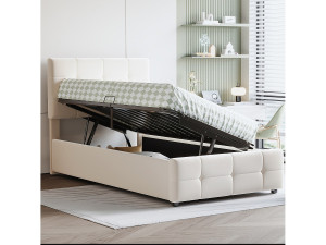 Merax Opbergbed 90 x 200 cm met verstelbaar hoofdeinde - fluwelen stof - lattenbodem - beige (zonder matras)