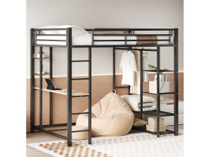 Merax Hoogslaper 140 x 200 cm met bureau en opbergplanken - metaal - lattenbodem - zwart (zonder matras)