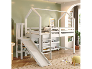 Merax Hoogslaper 90 x 200 cm met glijbaan & trap & opbergkast & plank - massief hout + MDF - wit (zonder matras)