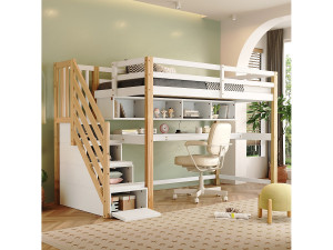 Merax Mezzaninebed 90 x 200 cm met bureau, planken en 4 lades - grenenhout - kleuren: naturel en wit