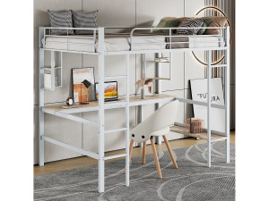 Merax Hoogslaper 90 x 200 cm met bureau en opbergplanken - metaal - lattenbodem - wit