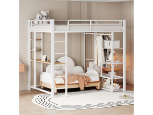 Merax Hoogslaper 140 x 200 cm met bureau en opbergplanken - metaal - lattenbodem - wit (zonder matras)