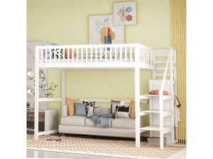 Merax Tussenbed 140x200 met trap, wit houten kinderbed met opbergplank, eenvoudige kledingkast
