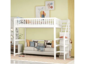 Merax Cama mezanino 140x200 com escada, cama infantil de madeira branca com prateleira, guarda-roupa simples